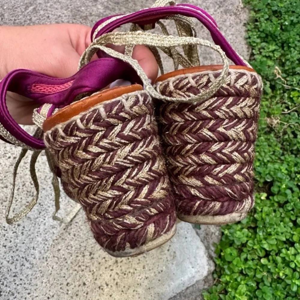 Marc Jacobs Women's Boho Purple Gold Peep Toe Espadrille Platform Shoes Size 37